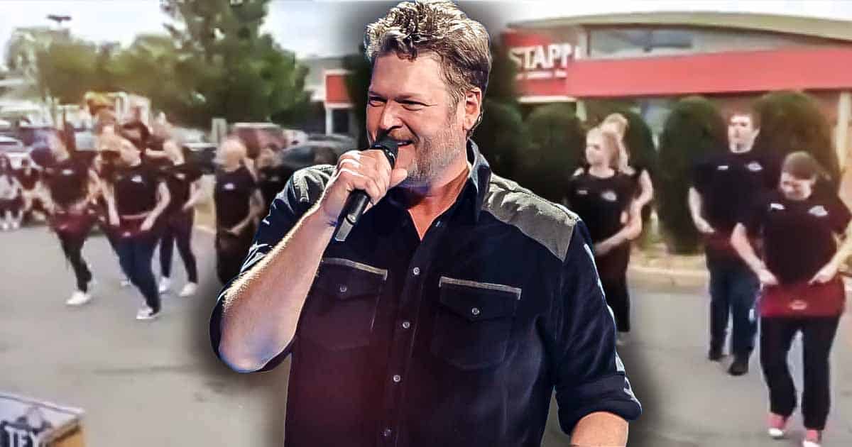 Blake Shelton performing a lively cover of 'Footloose,' inspiring Texas Roadhouse staff to create a viral line dance that blends music, fun, and energetic dining vibes.