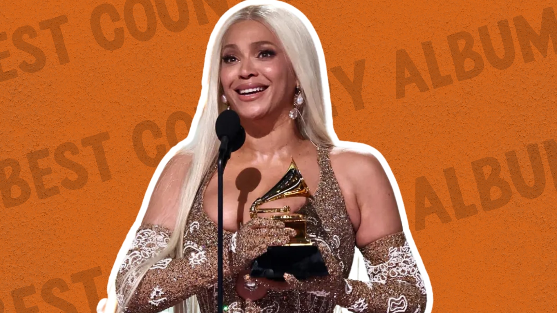 Beyoncé stands on stage at the Grammy Awards holding the trophy for Best Country Album. She smiles confidently while accepting the award, as the audience watches. The moment is met with mixed reactions from country music fans, with many questioning the genre’s representation in the awards.