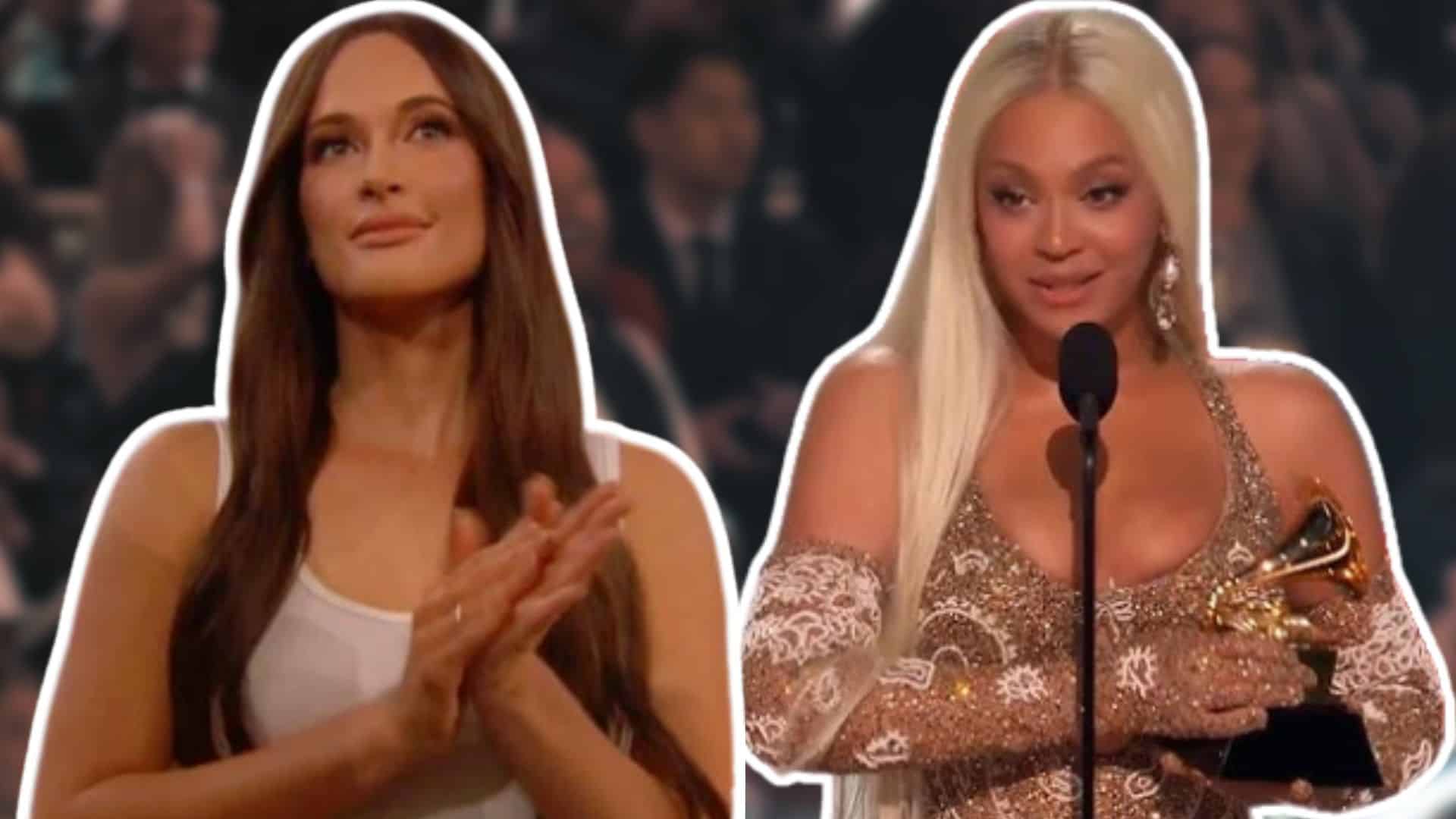 Kacey Musgraves reacting to Beyoncé’s Grammy win for Best Country Album. She sits in the audience with a neutral expression, lips pressed together, and eyes focused on the stage. The dim lighting of the awards show highlights her subtle reaction, while others around her clap and cheer. Her body language suggests quiet contemplation amid the excitement.