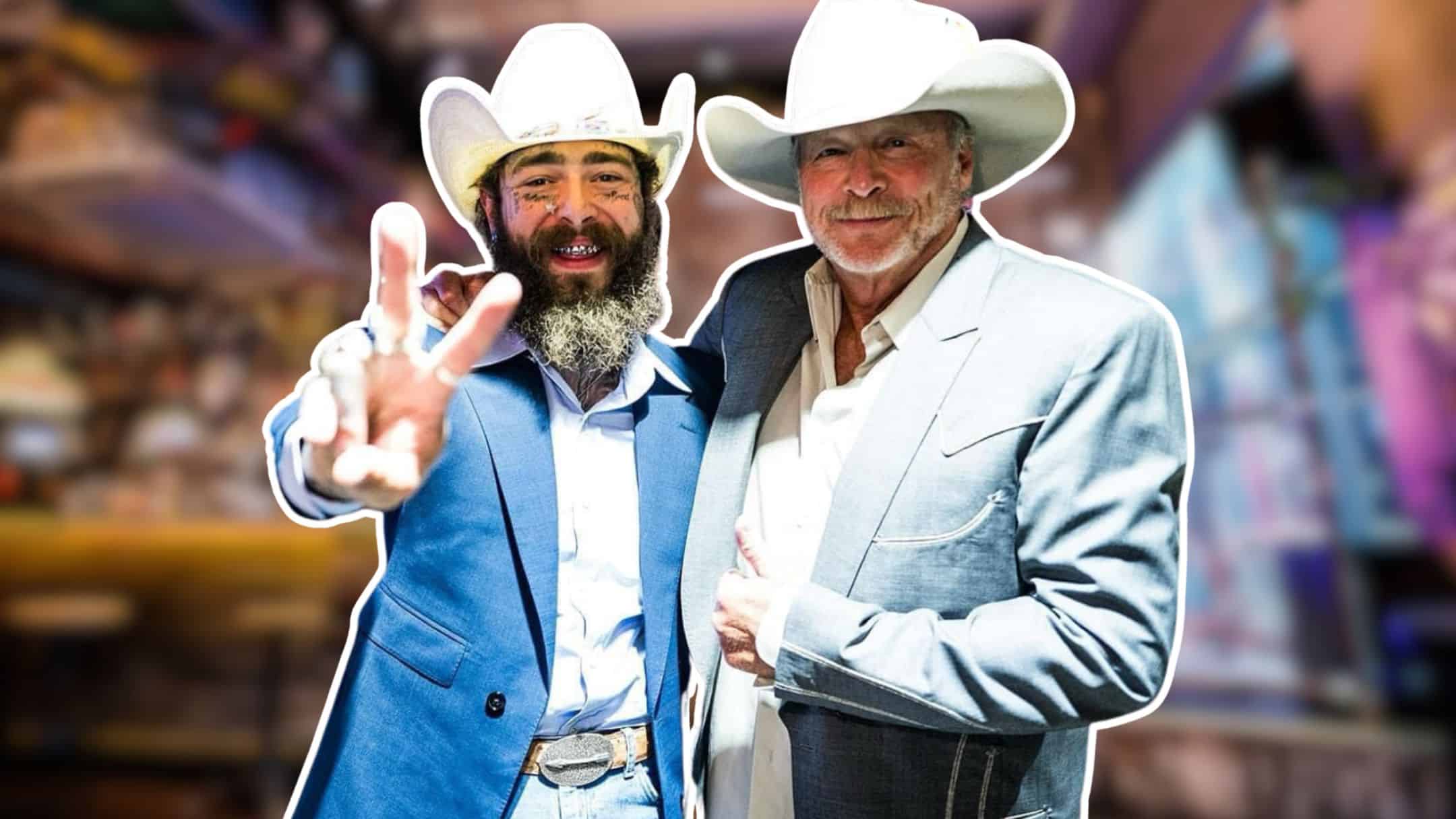 Post Malone and Alan Jackson pose together, bridging generations of country music with their iconic styles and shared respect for the genre.