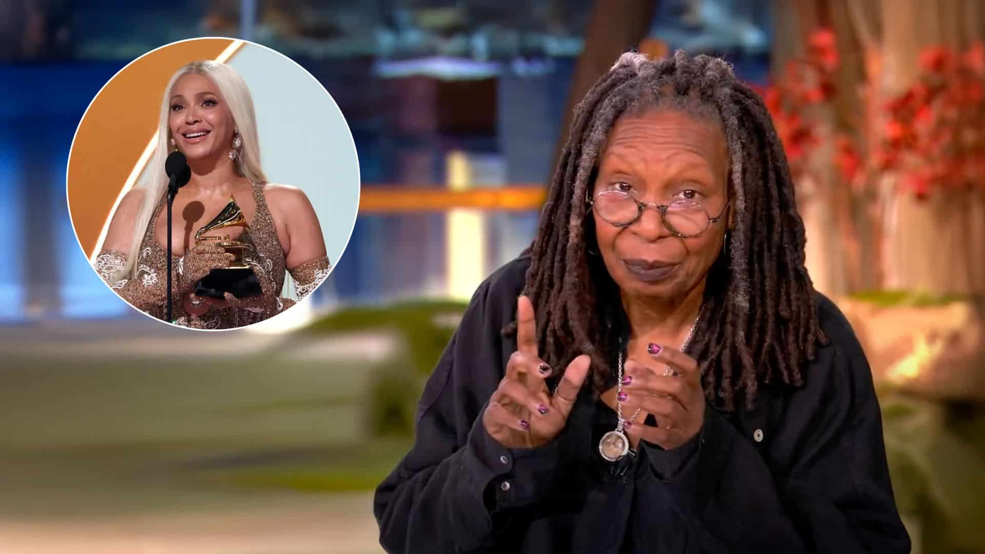 Whoopi Goldberg passionately defends Beyoncé's Grammy win for Best Country Album on 'The View.' Seated at the show's panel, Goldberg gestures emphatically, her expression animated as she addresses the camera. She wears a patterned blouse and round glasses, conveying determination. Co-hosts listen attentively, and the studio backdrop features 'The View' logo. Goldberg's body language underscores her firm stance against critics of Beyoncé's achievement.