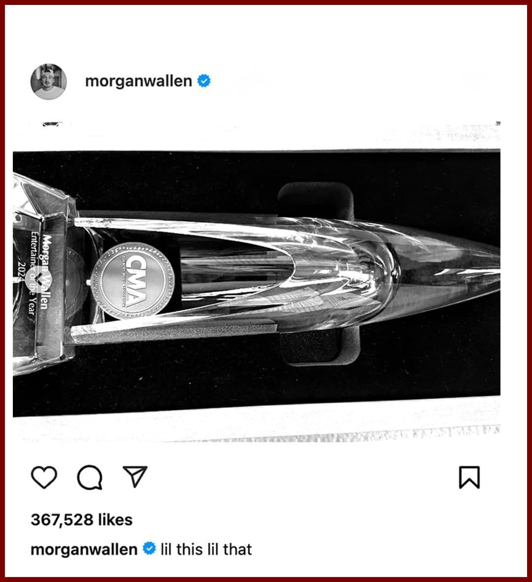 Morgan Wallen shares an Instagram photo of the CMA Entertainer of the Year trophy buried among other images